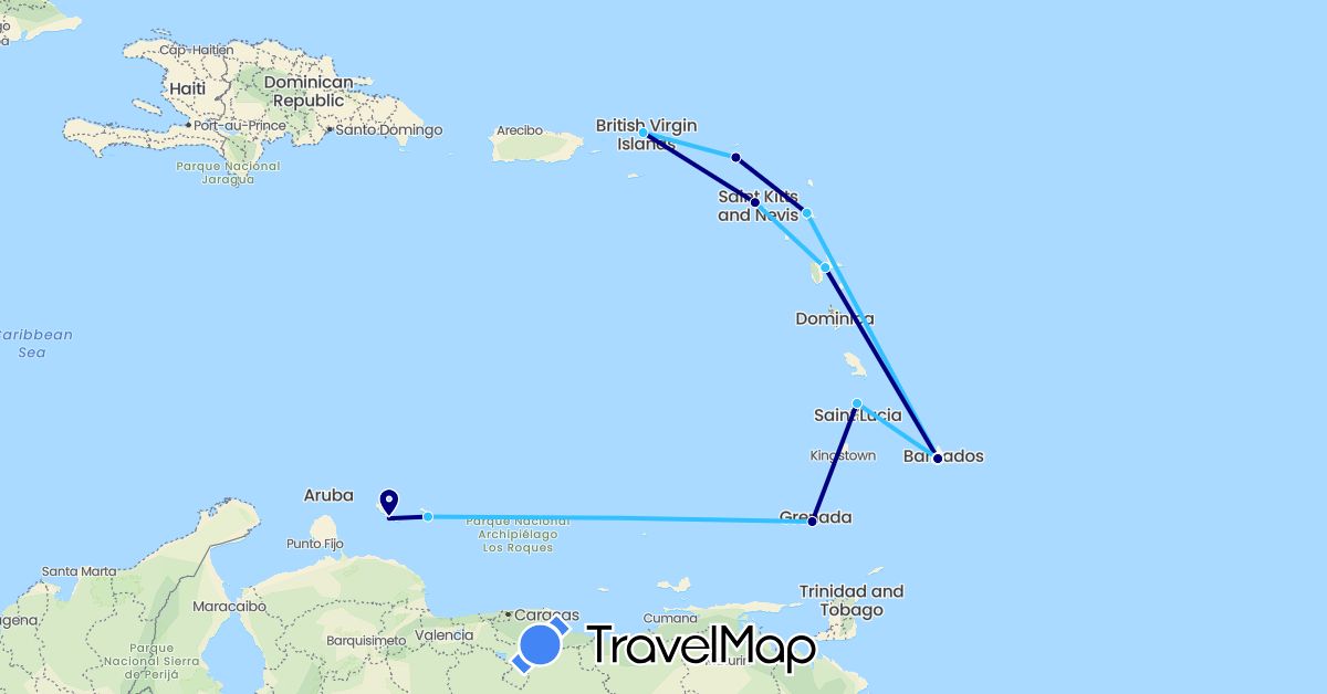 TravelMap itinerary: driving, boat in Antigua and Barbuda, Barbados, France, Grenada, Saint Kitts and Nevis, Saint Lucia, Netherlands, British Virgin Islands (Europe, North America)